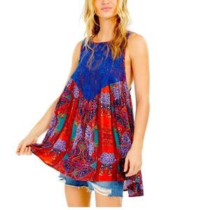 FREE PEOPLE Count Me In Trapeze Tunic Mini Dress Vibrant Red Blue Floral Lace XS